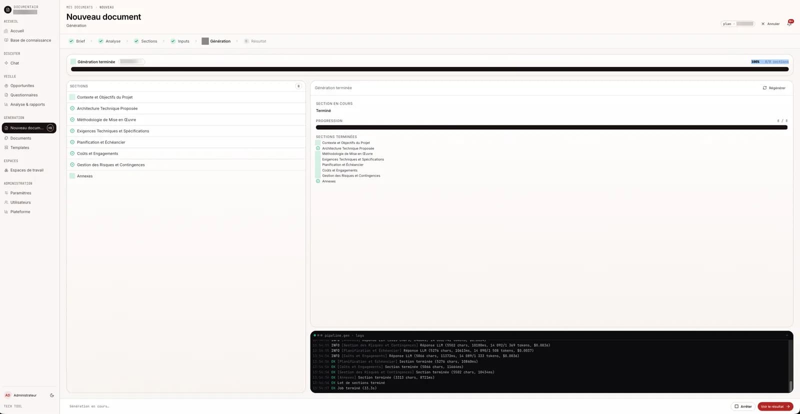 Generation terminee avec la liste des sections produites