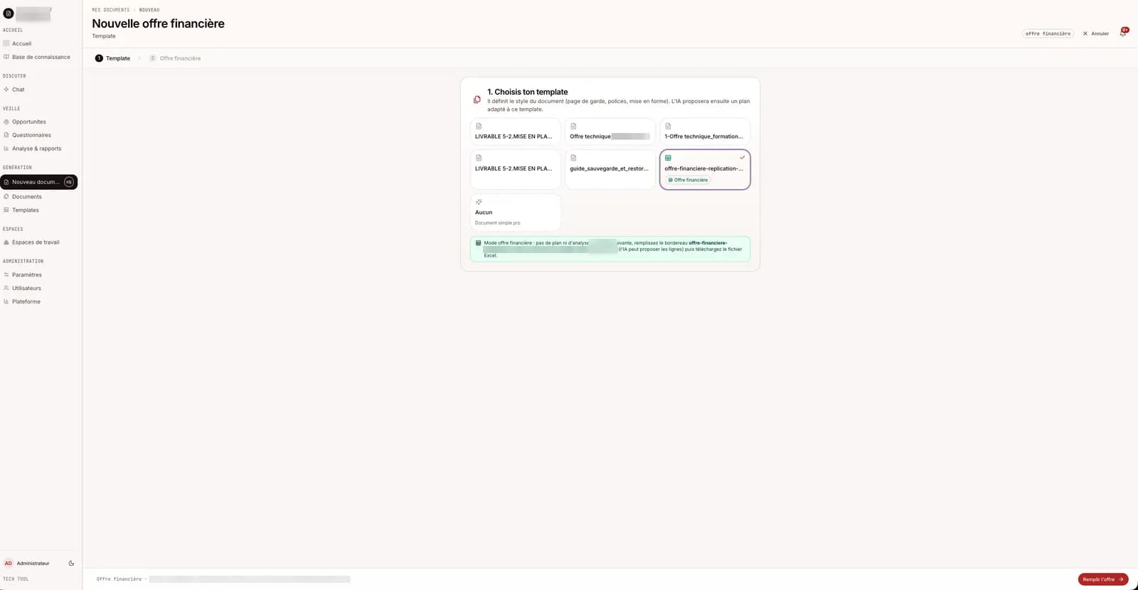 Selection d un template Excel pour une offre financiere