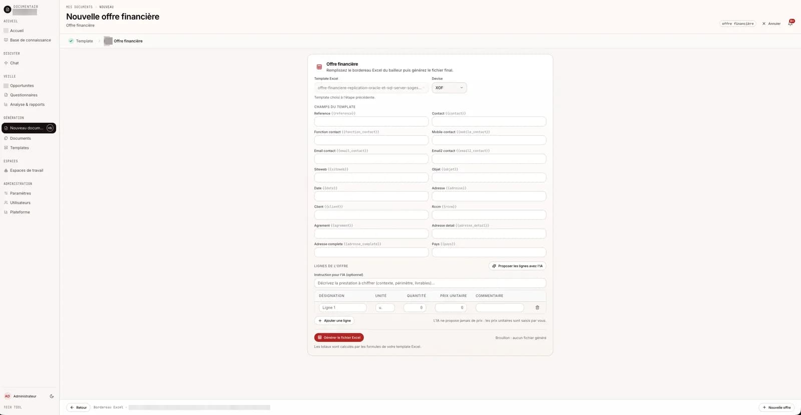 Champs detectes dans le template Excel