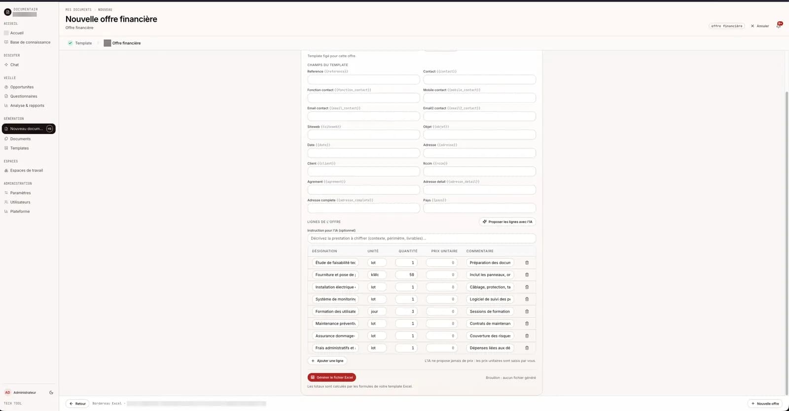 Lignes de prestation proposees par l IA