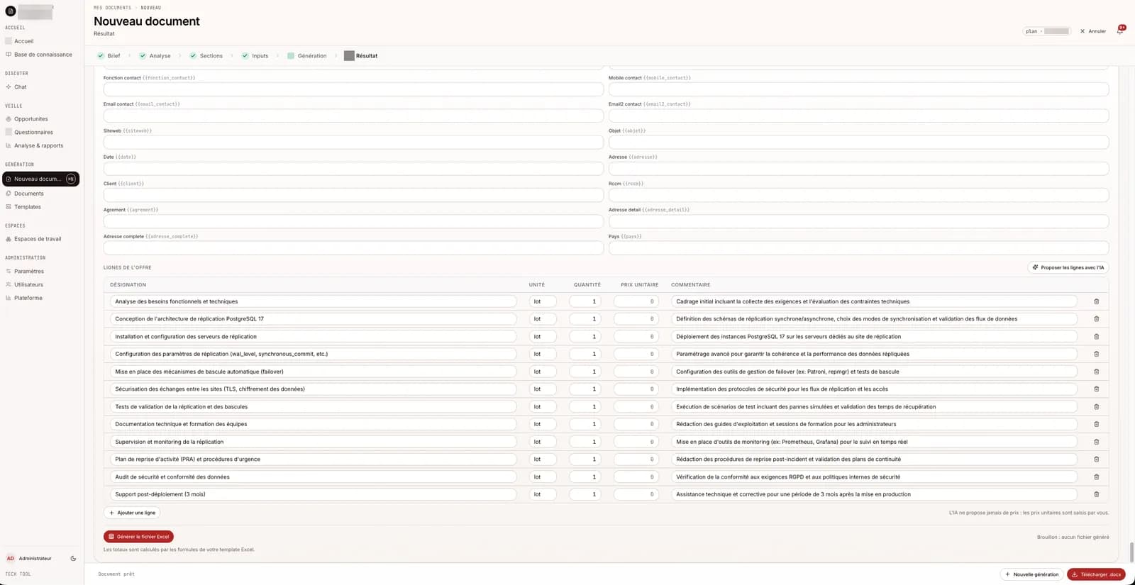 Bordereau complet avec ses lignes et commentaires