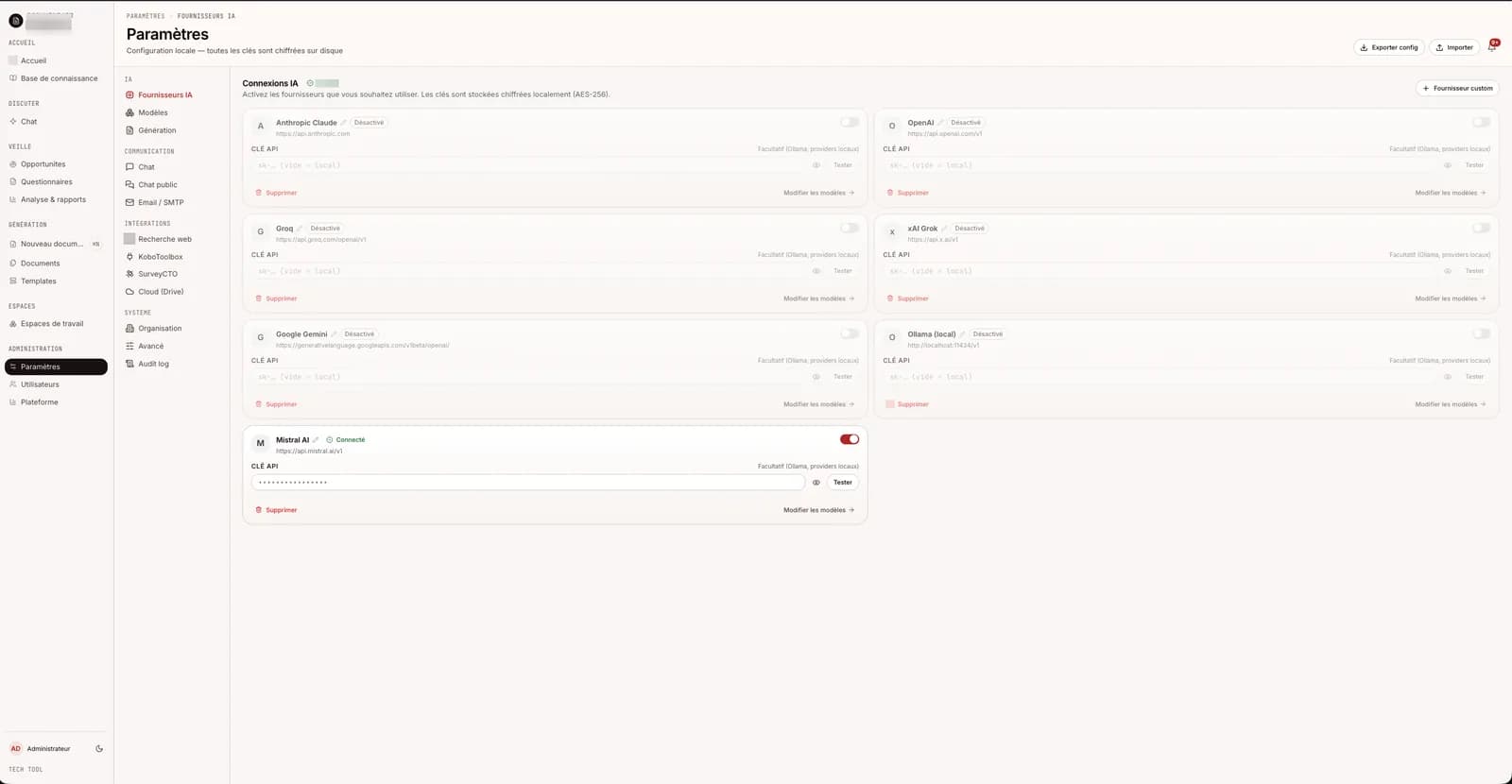 Liste des fournisseurs IA activables