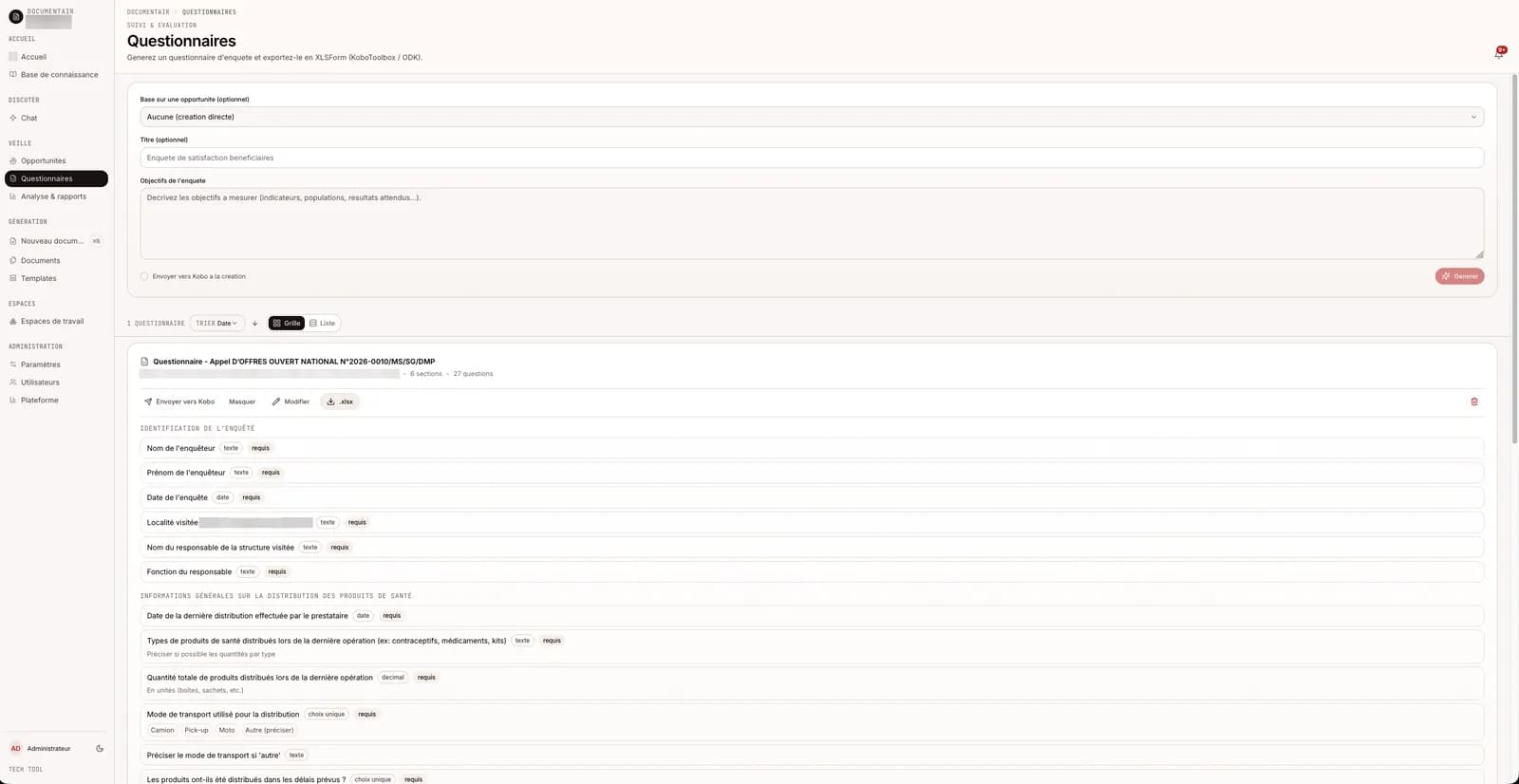 Apercu d un questionnaire genere avec ses sections et types de questions