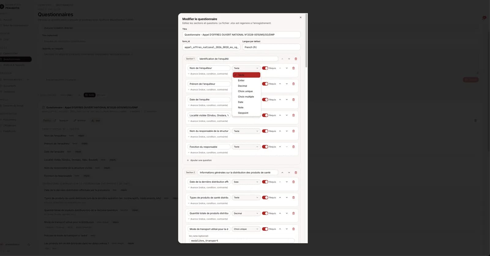 Editeur de questionnaire avec ses sections et types