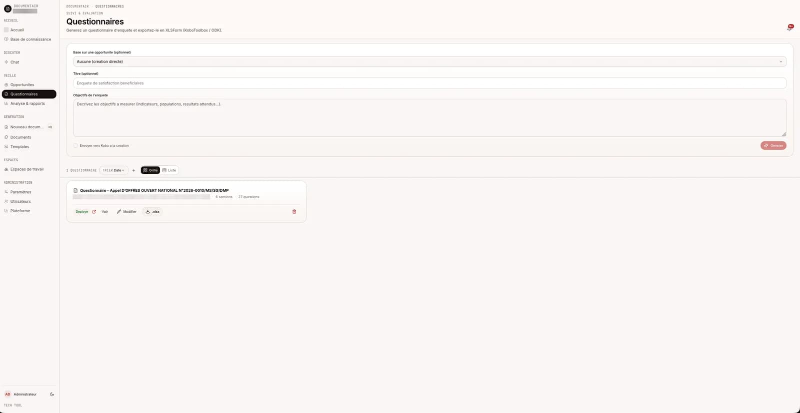 Liste des questionnaires avec leur statut de deploiement