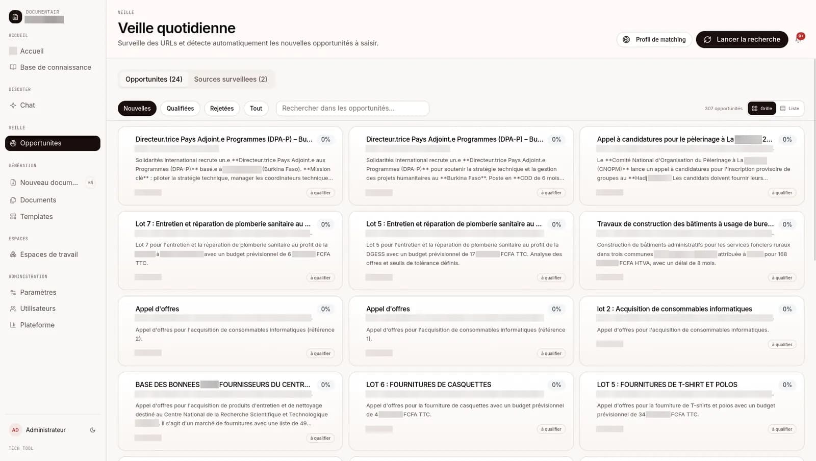 Grille des opportunites detectees avec leur score