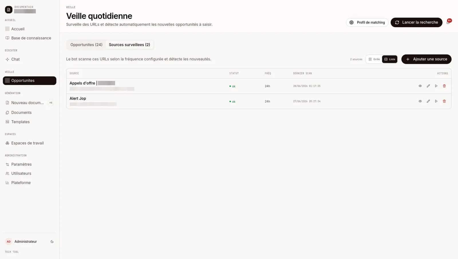 Liste des sources surveillees avec leur frequence