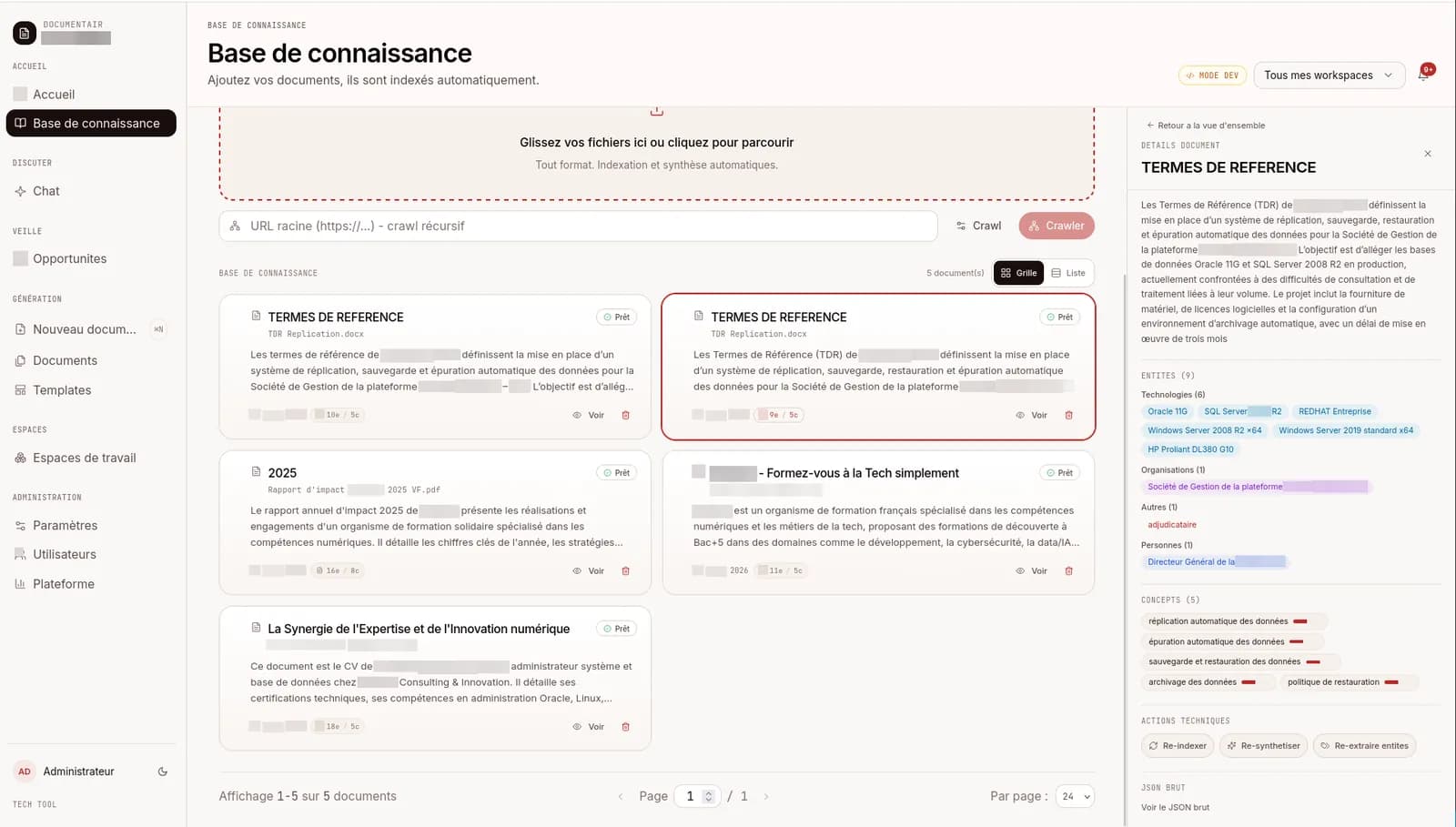 Actions techniques disponibles sur un document