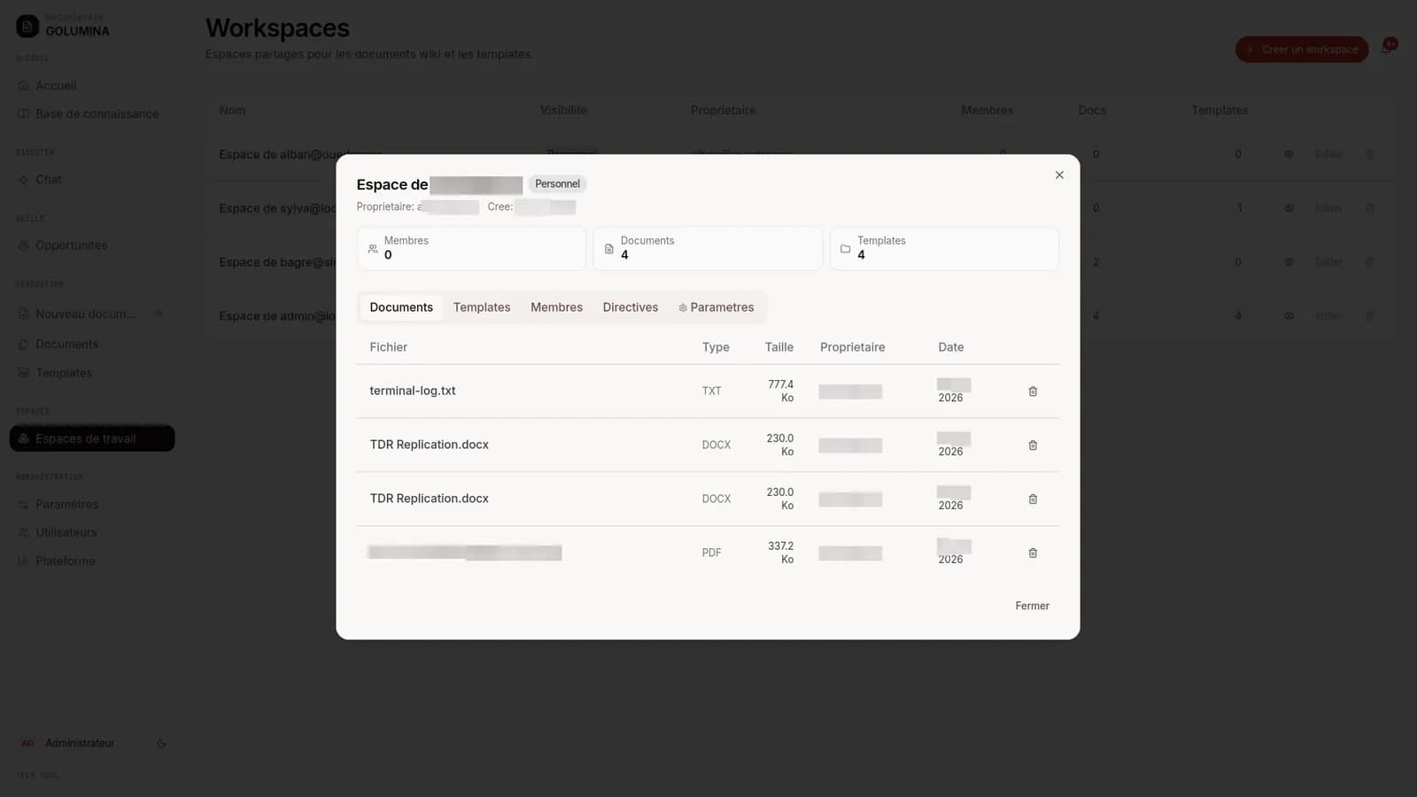 Detail d un espace de travail avec ses documents et templates