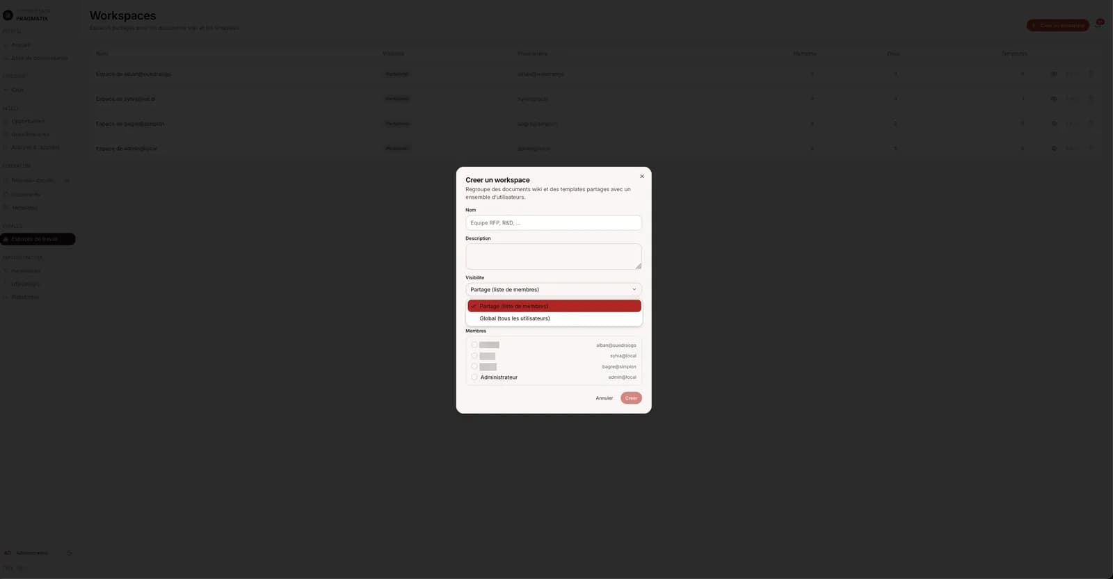 Creation d un espace de travail avec choix de visibilite