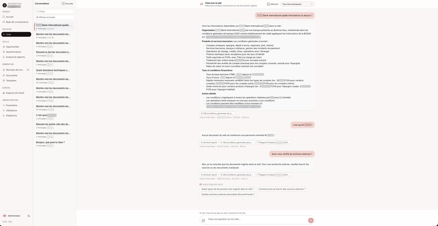 Chat RAG de Documentair, avec citations des documents sources - Light Mode
