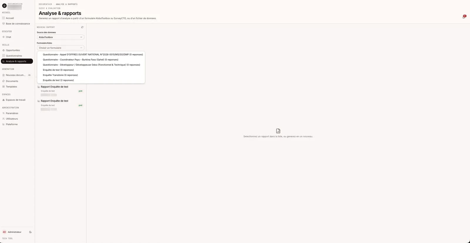 Liste des formulaires Kobo disponibles avec leur nombre de reponses