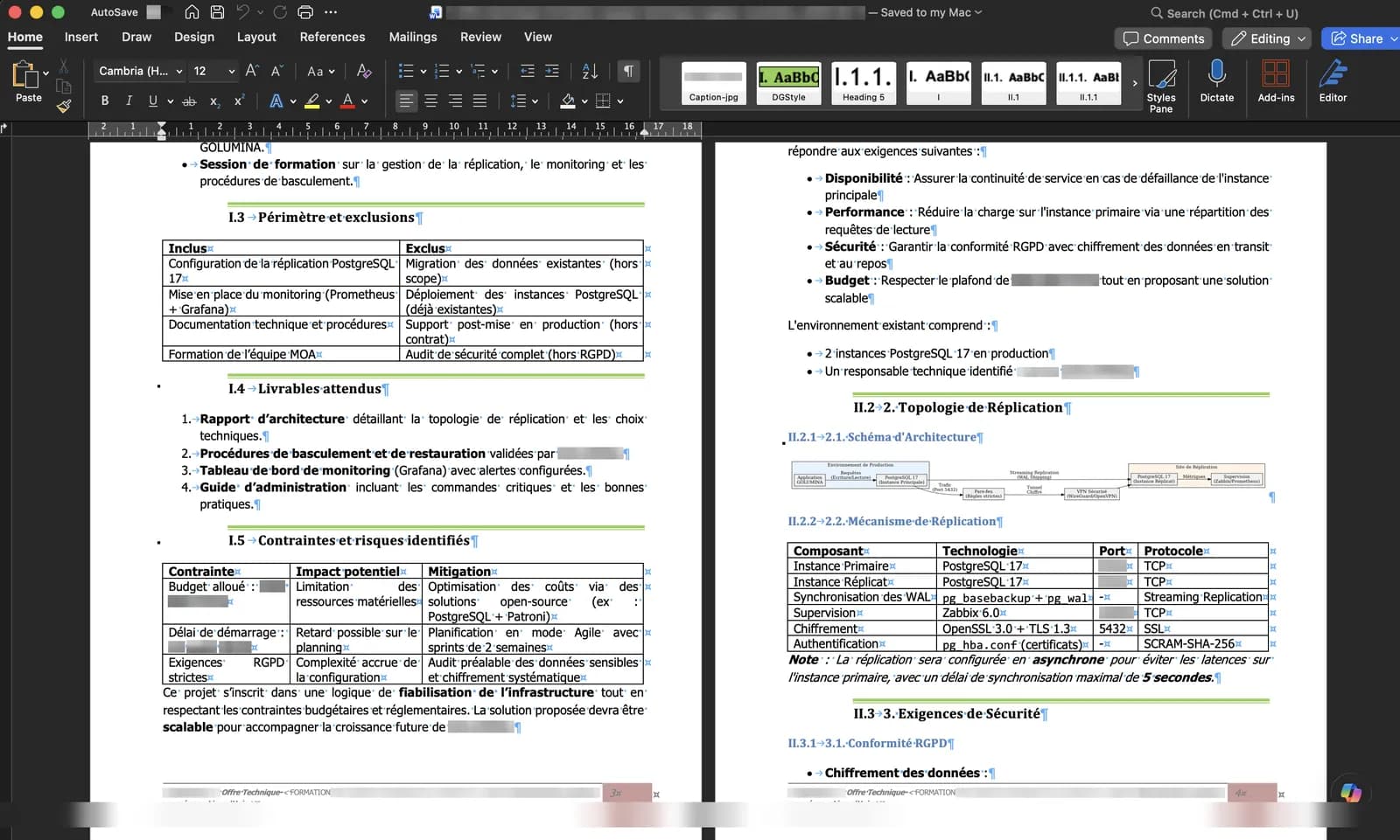 Sections de perimetre et d exigences dans le document exporte