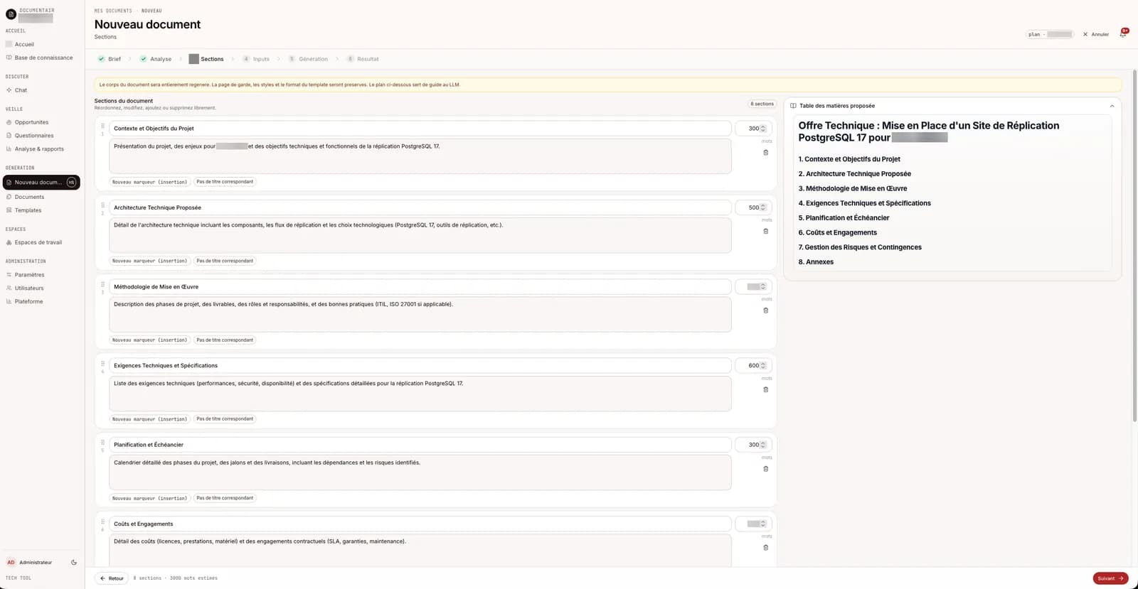 Sections editables mises en regard de la table des matieres