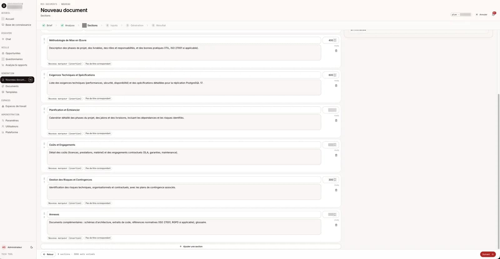Edition des sections avec marqueurs d insertion