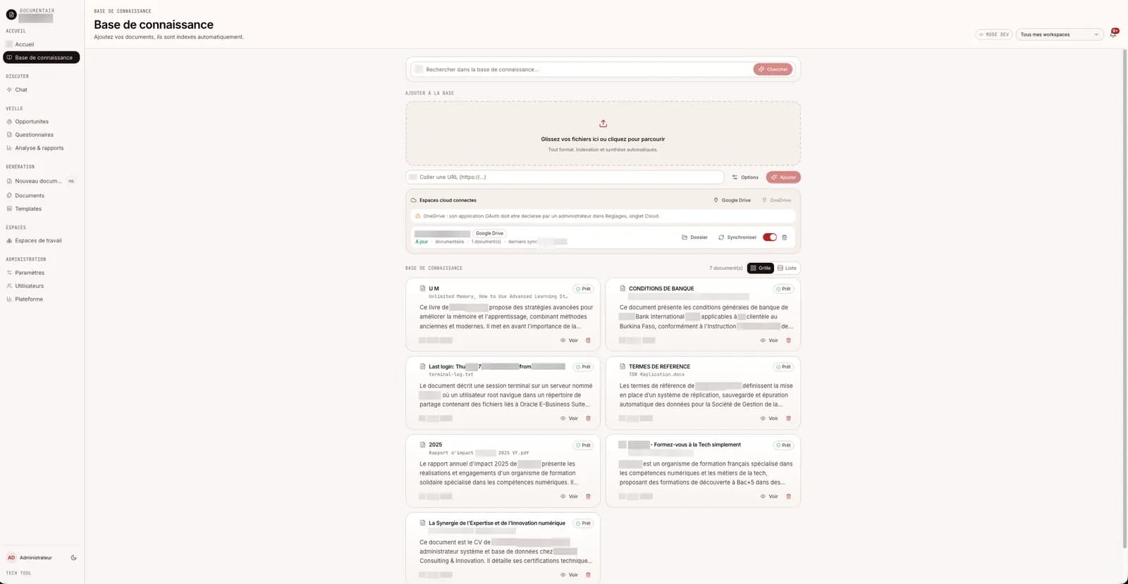 Base de connaissance Documentair avec ses documents indexes